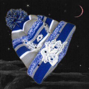 Winter Beanie Embellished, OOAK Blue Acrylic Knit Cap Hat with Pom Pom Topper